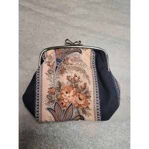 Boho Made in England Jacquelle Vintage Floral Fabric Coin Purse Kiss Metal Clasp